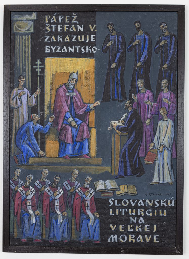 Mikuláš Klimčák - Pápež Štefan V. zakazuje Byzantsko-slovanskú liturgiu na Veľkej Morave 1987 (tempera na sololite, 73x52,5)