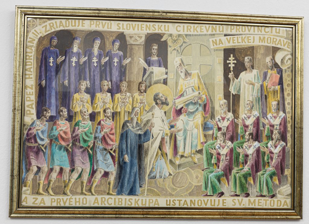 Mikuláš Klimčák - Pápež Hadrián II. zriaďuje prvú sloviensku cirkevnú provinciu na Veľkej Morave 1980 (tempera na papieri, 48x67)