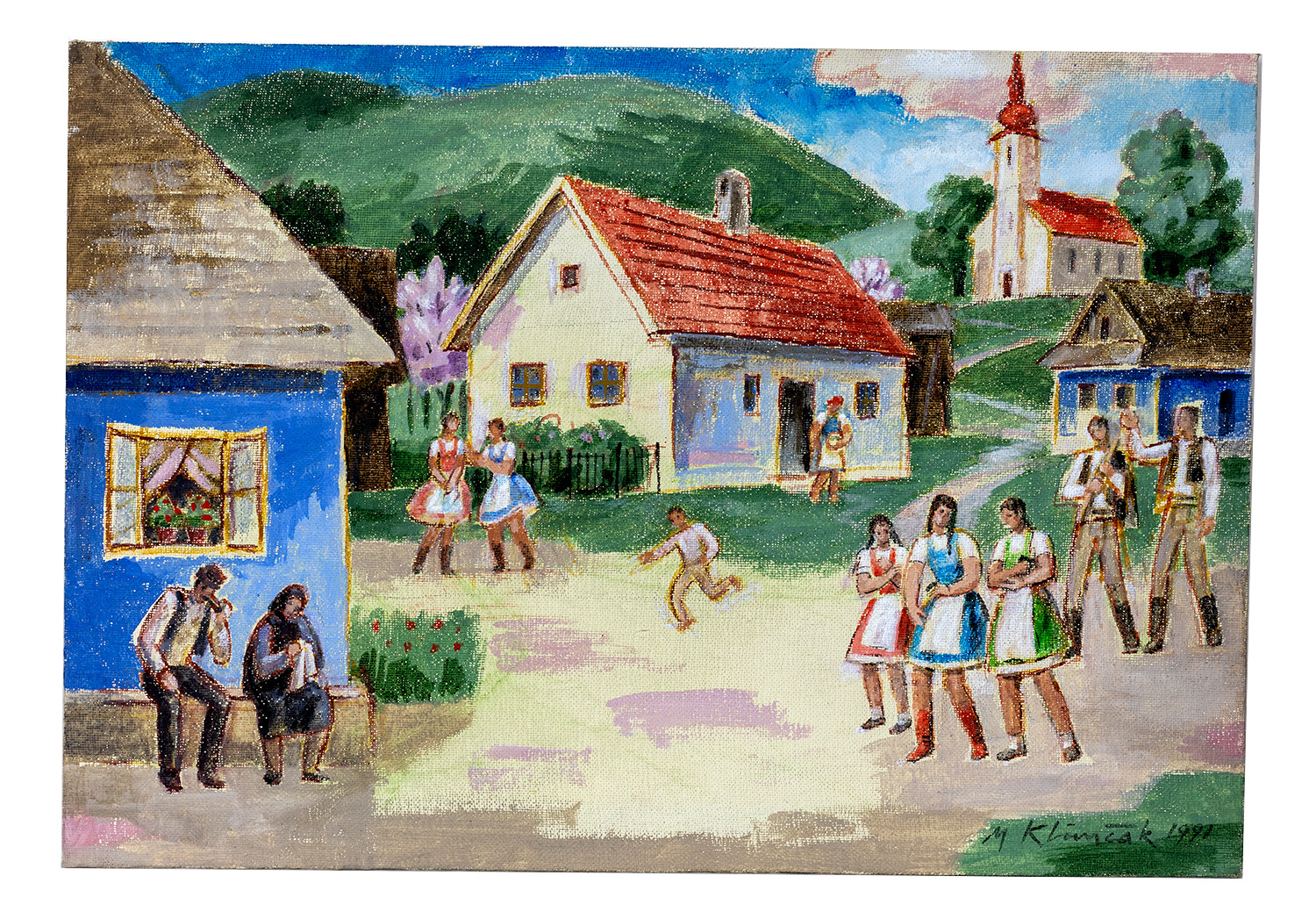 Mikuláš Klimčák - Nedeľa na dedine 1991 (tempera - kartón 35x50)