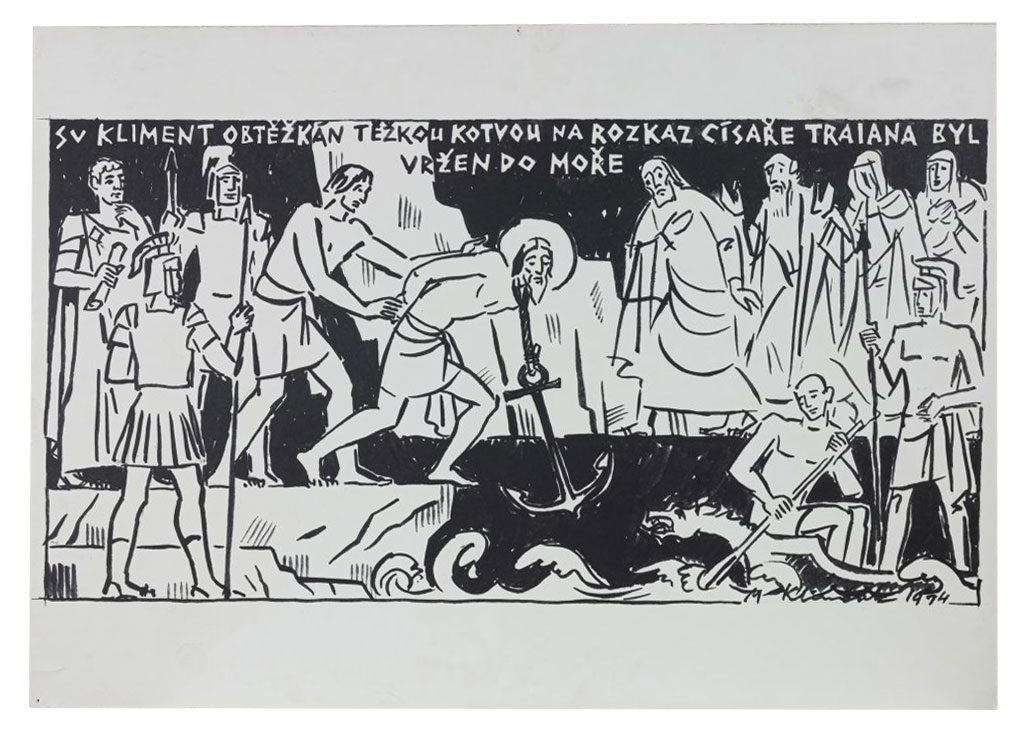 Mikuláš Klimčák - sv. Kliment obťažený ťažkou kotvou na rozkaz císara Traiana bol vrhnutý do mora 1974 (4/13 grafika, 50x70)