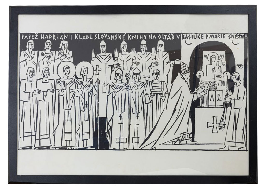 Mikuláš Klimčák - Pápež Hadrián II. kladie slovanské knihy na oltár v bazilike Panny Márie Snežnej 1974 (9/13 grafika, 50x70)