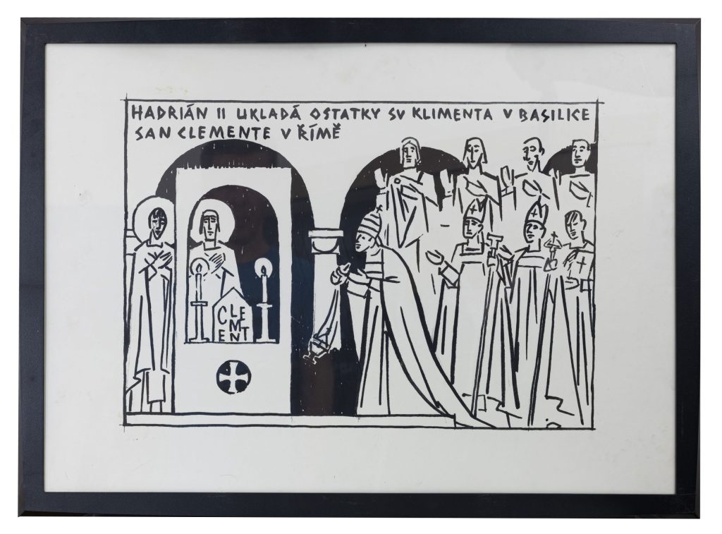 Mikuláš Klimčák - Hadrián II. ukladá ostatky sv. Klimenta v bazilike San Clemente v Ríme 1974 (8/13 grafika, 50x70)