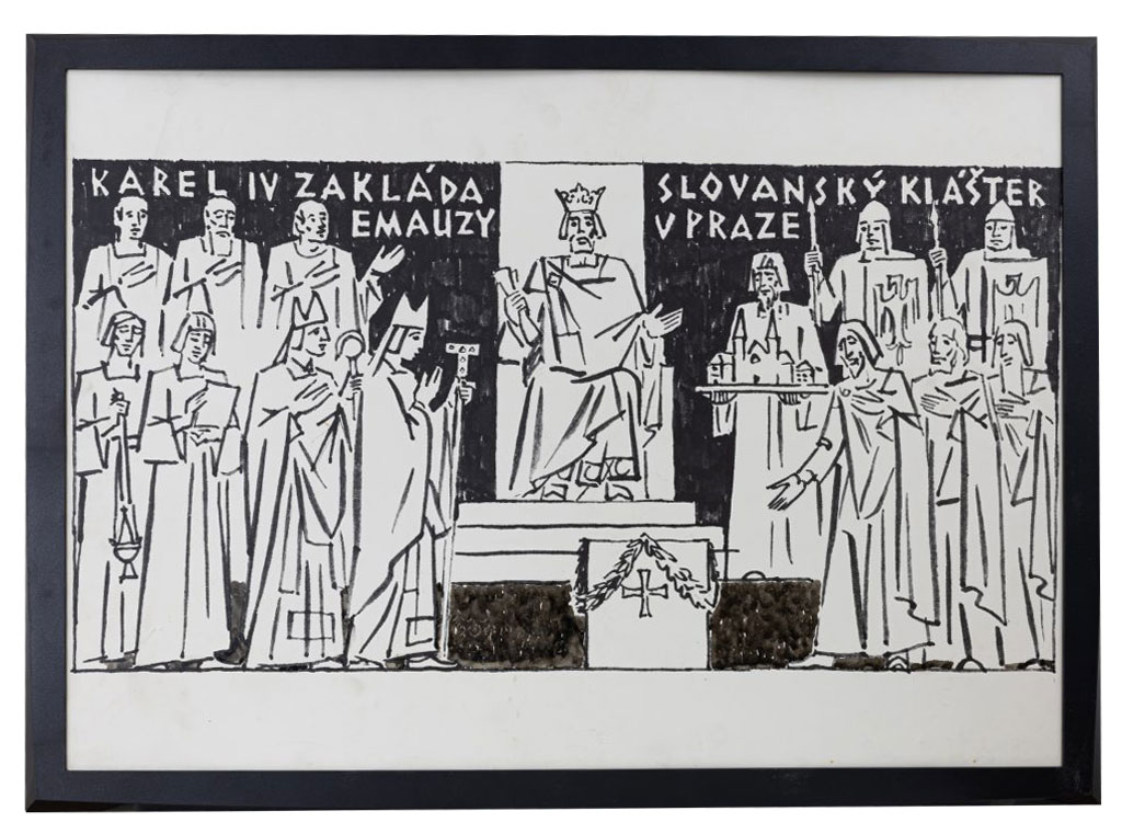 Mikuláš Klimčák - Karol IV. zakladá slovanský kláštor Emauzy v Prahe 1974 (10/13 grafika, 50x70)