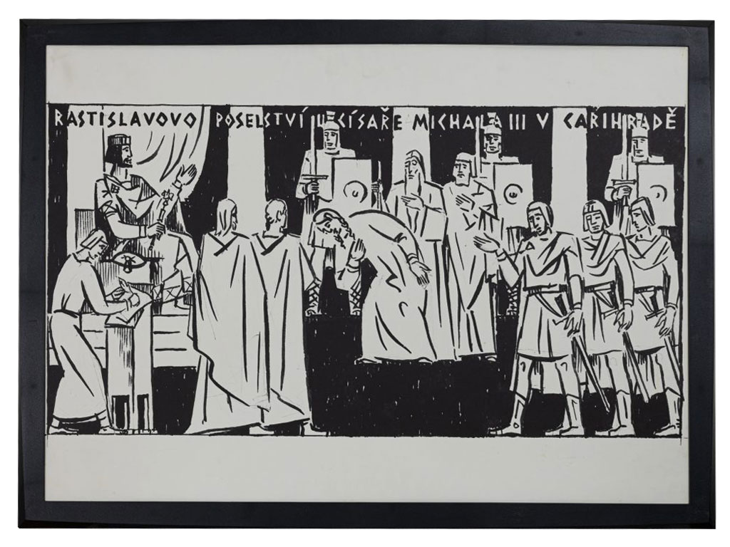 Mikuláš Klimčák - Rastislavovo posolstvo u cisára Michala III. v Carihrade 1974 (6/13 grafika, 50x70)