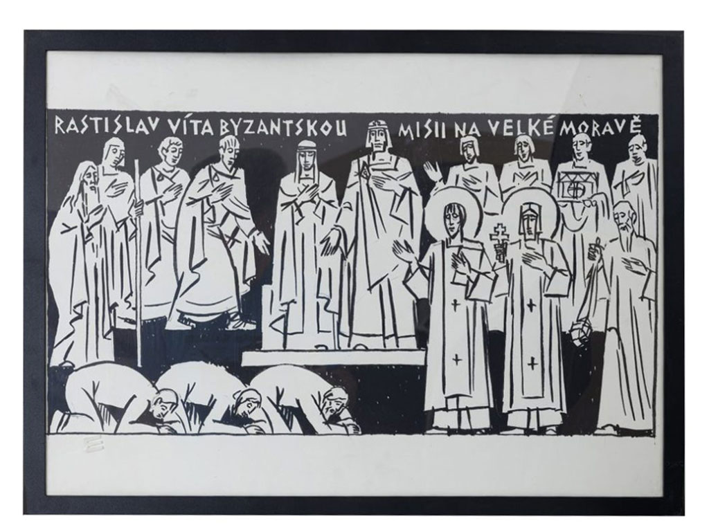 Mikuláš Klimčák - Rastislav víta Byzanskú misiu na Veľkej Morave 1974 (7/13 grafika, 50x70)