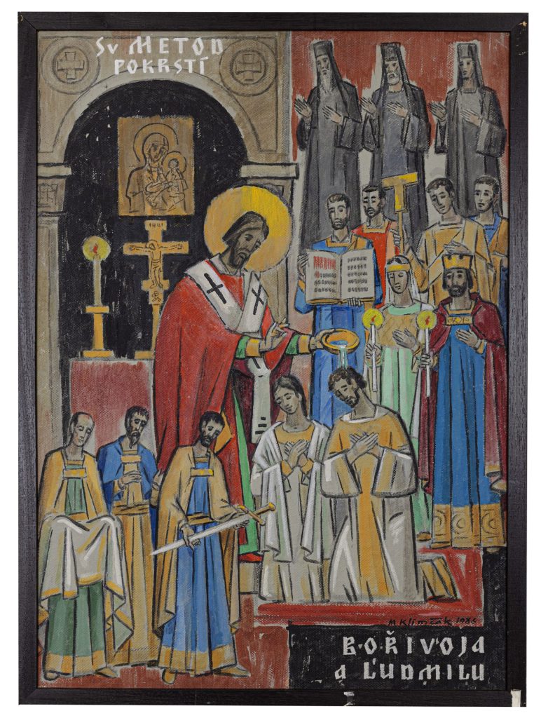 Mikuláš Klimčák - Svätý Metod pokrstí Bořivoja a Ľudmilu 1986 (tempera na sololite, 73x52,5)