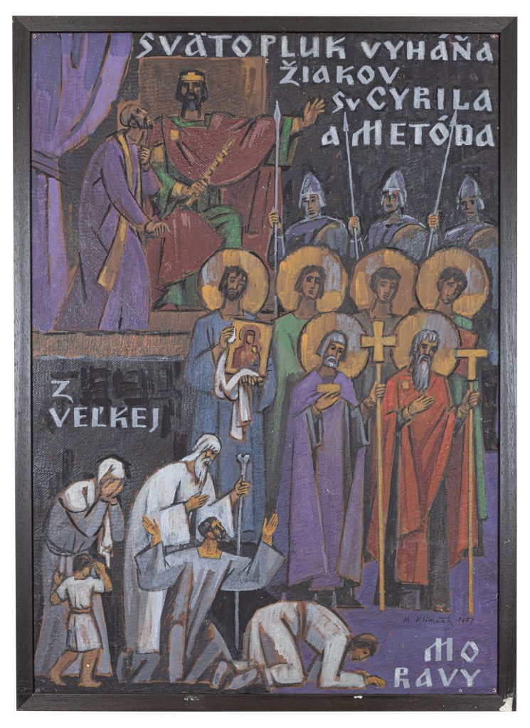 Mikuláš Klimčák - Svätopluk vyháňa žiakov sv. Cyrila a Metoda z Veľkej Moravy 1987 (tempera na sololite, 73x52,5)