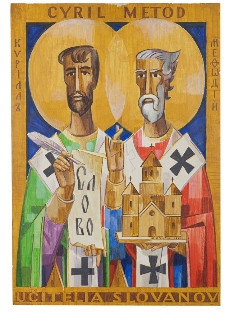 Mikuláš Klimčák - Cyril a Metod učitelia Slovanov 1990 (tempera na dreve, 72x50)