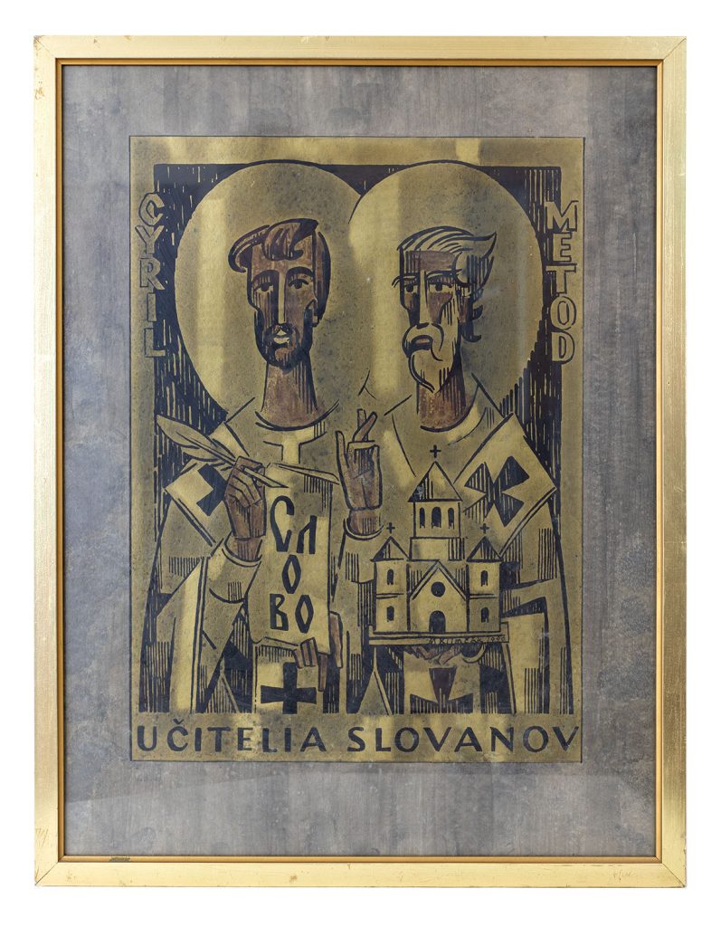 Mikuláš Klimčák - Učitelia slovanov 1990 (kolorovaná grafika 61x47)