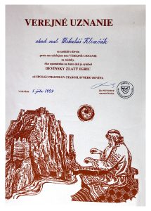 Mikuláš Klimčák - verejné uznanie od Spolku priateľov staroslovanského Devína, 1997