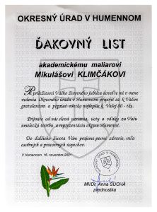 Mikuláš Klimčák - ďakovný list okresného úradu v Humennom, 2001