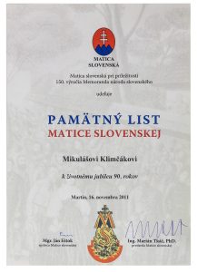 Mikuláš Klimčák -pamätný list Matice Slovenskej, 2011