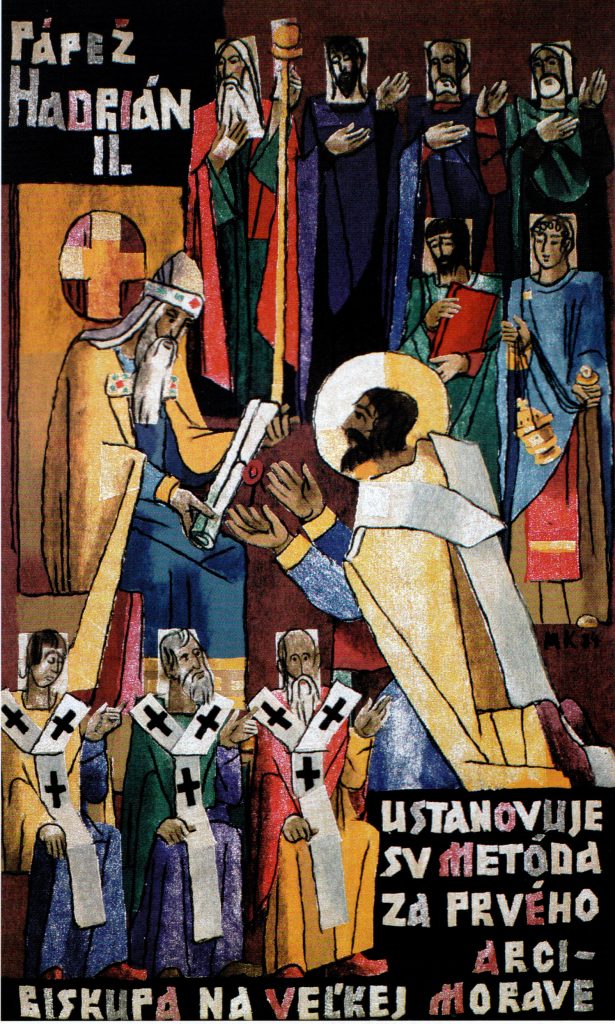 Mikuláš Klimčák - Pápež Hadrián II ustanovuje sv. Metoda za prvého arcibiskupa na Veľkej Morave 1984 (art-protis, 260x150)